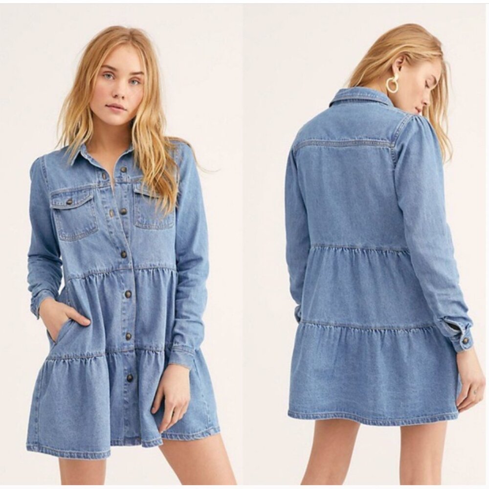 Free People Nicole Denim Tiered Shirtdress